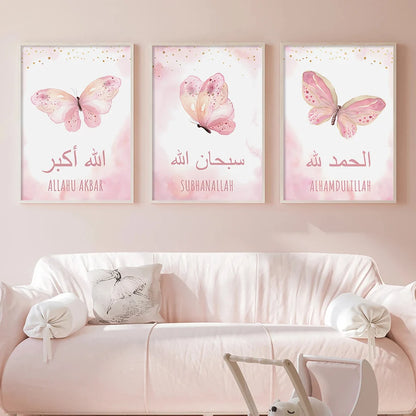 Alhamdulillah & Roze Vlinders - 3-Delige Canvas Set