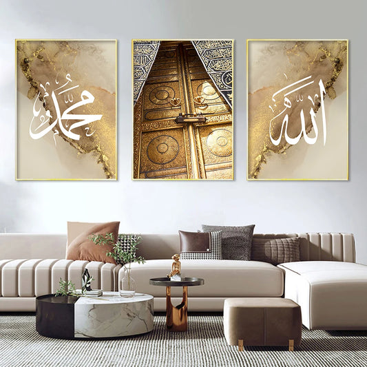 Gouden Kaaba & Allahu Akbar - 3-Delige Canvas Kunstset