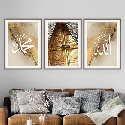 Gouden Kaaba & Allahu Akbar - 3-Delige Canvas Kunstset